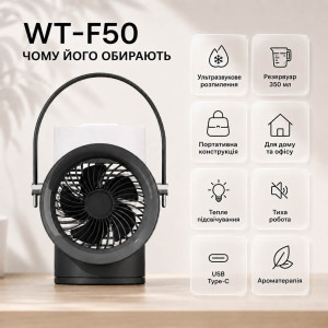 Міні-кондиціонер WT-F50 — портативний вентилятор, охолоджувач та зволожувач повітря з подвійним розпиленням, 3 швидкості, USB, чорний. Photo 3